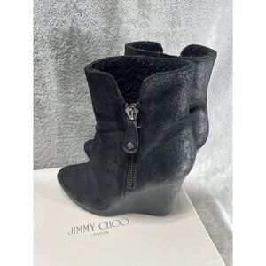 Jimmy Choo Woman’s 8 EU 38.5 Black Rugged Suede Britania Wedge Ankle Boots